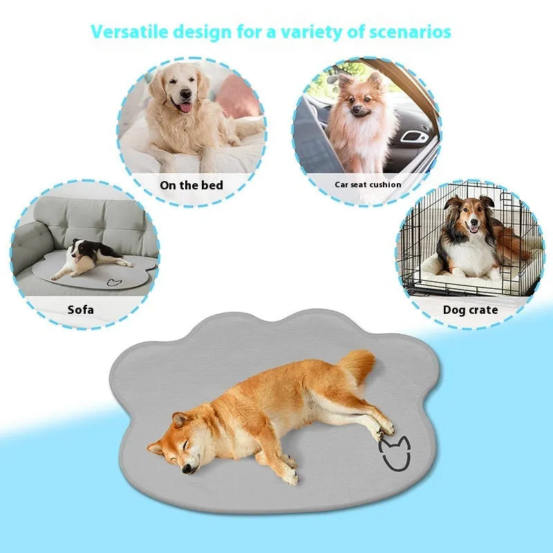 Ice silk pet cooling mat for dogs on a floor, showing non-slip base and scratch-resistant surface
