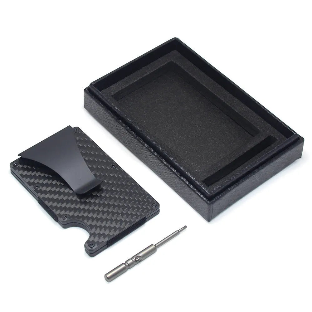 Black geometry-style slim card holder for bank cards and notes on a table