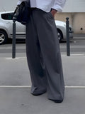 Men's plain grey high waist wide leg full-length polyester casual trousers