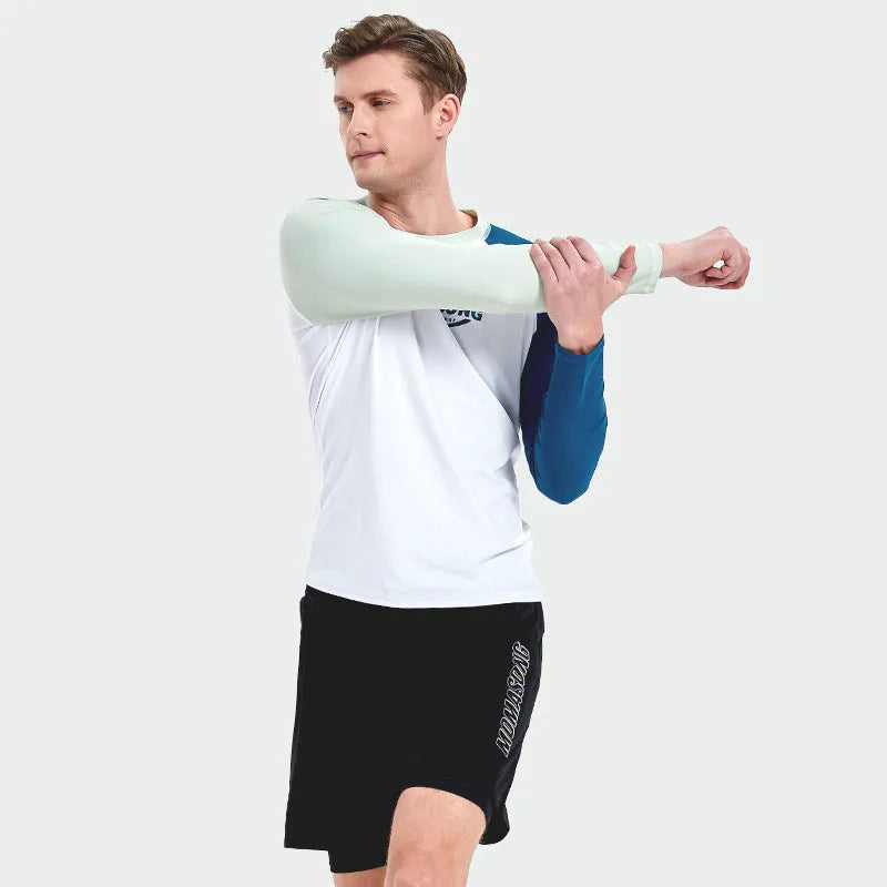 Men's white long-sleeved swimsuit top with matching trousers for outdoor water sports