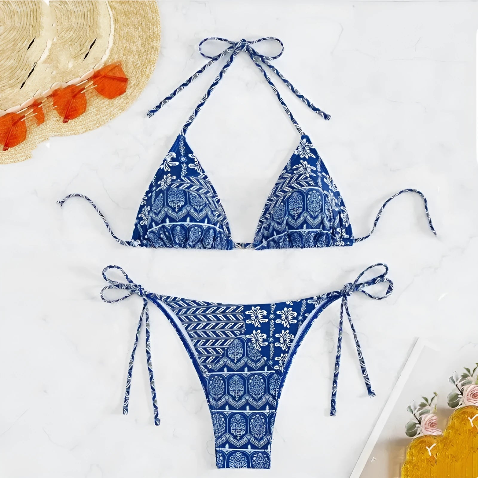 Women's split bikini swimsuit with bandage briefs and decorative printing in polyester fabric