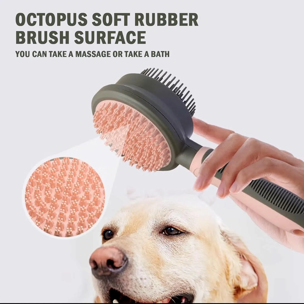 Green and pink double-sided cat grooming brush with slicker brush and flea comb, showing release button