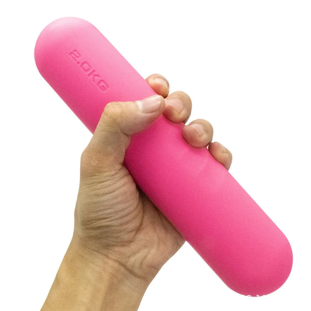 Silicone-edged hand-drawn dumbbell stick in a selected colour, shown with weight options for fitness training.