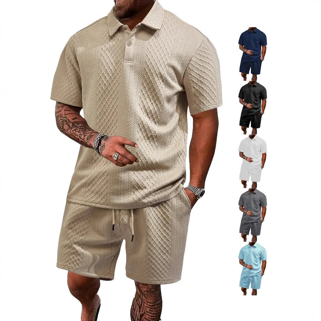 Man wearing a light grey thin figured cloth short sleeve polo shirt and trousers from a casual suit set.