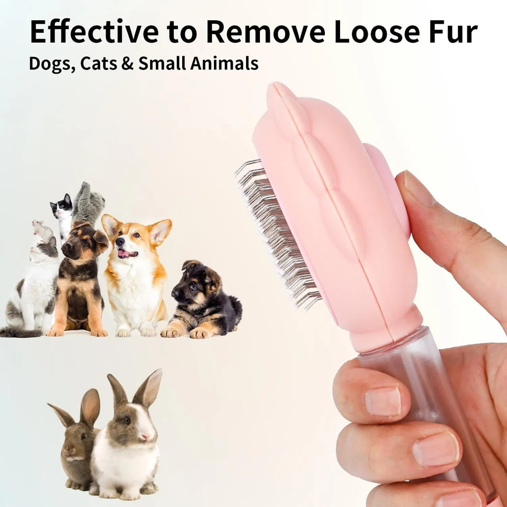 Grey pet grooming brush with self-cleaning button and water spray function on a white background