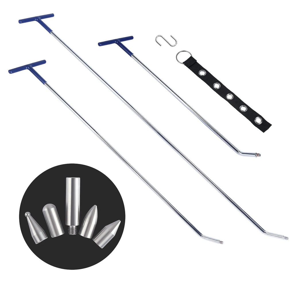 Three alloy steel hook crowbars for car dent repair arranged as a set