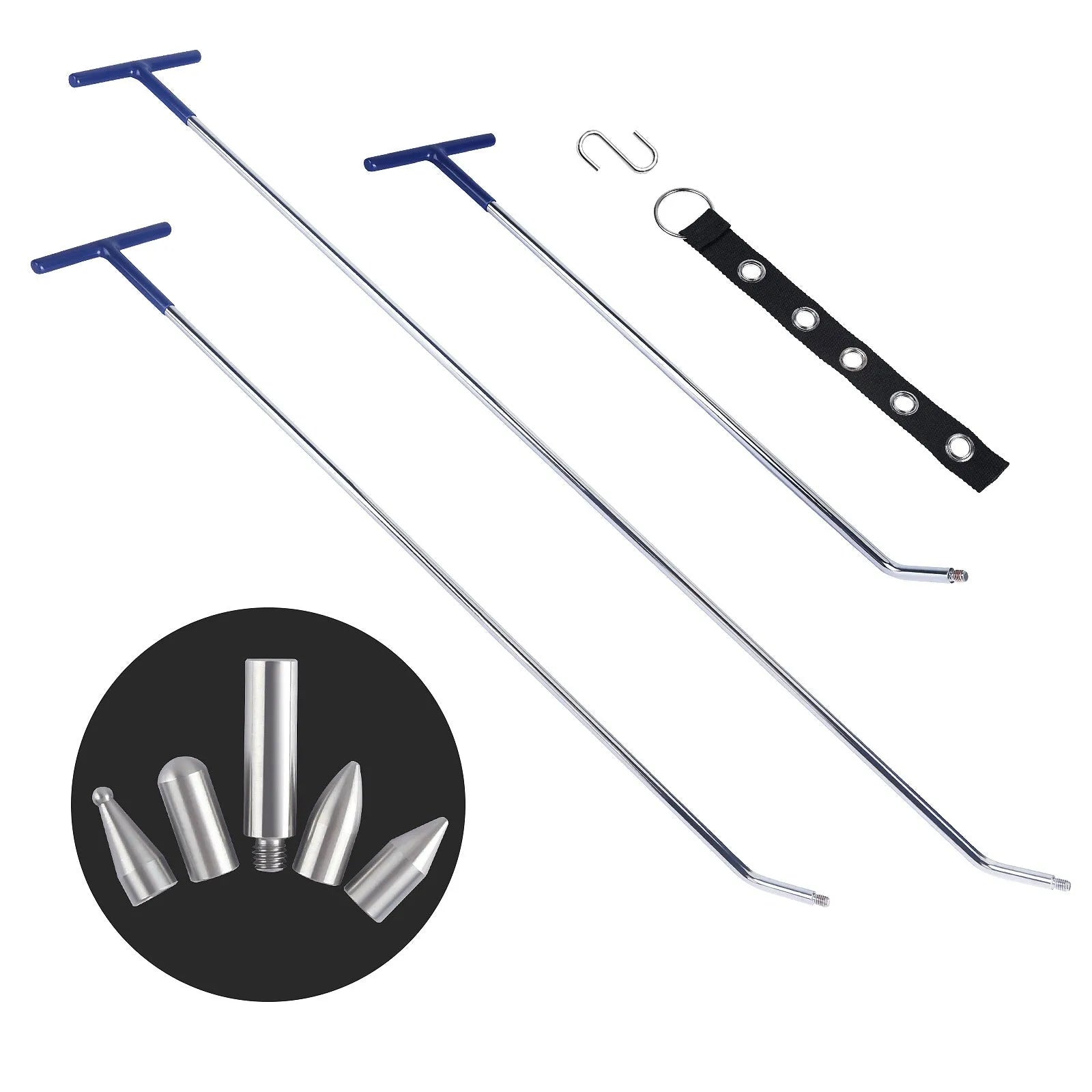 Three alloy steel hook crowbars for car dent repair arranged as a set
