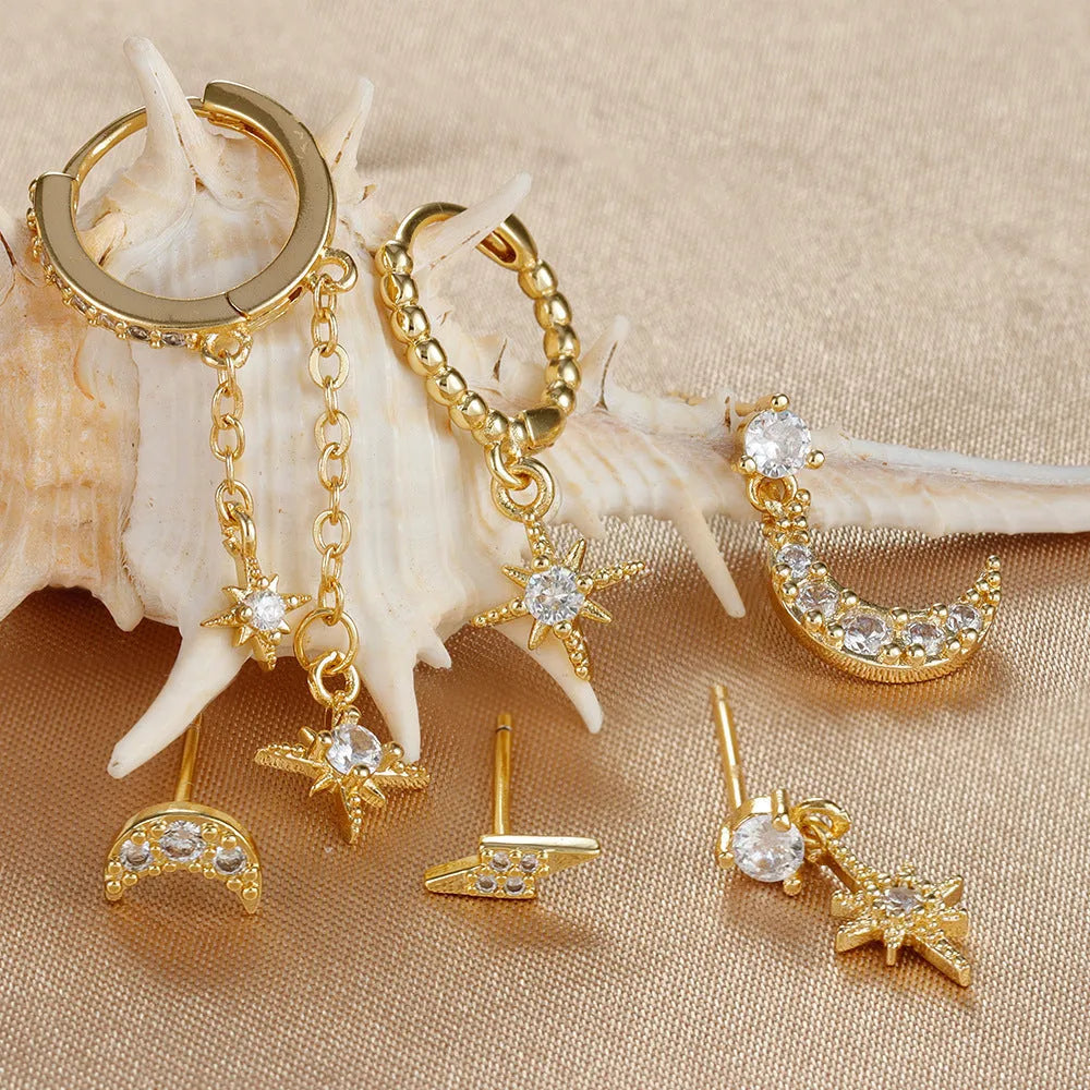 Gold chain tassel earrings set with zircon studs, six pieces electroplated on copper