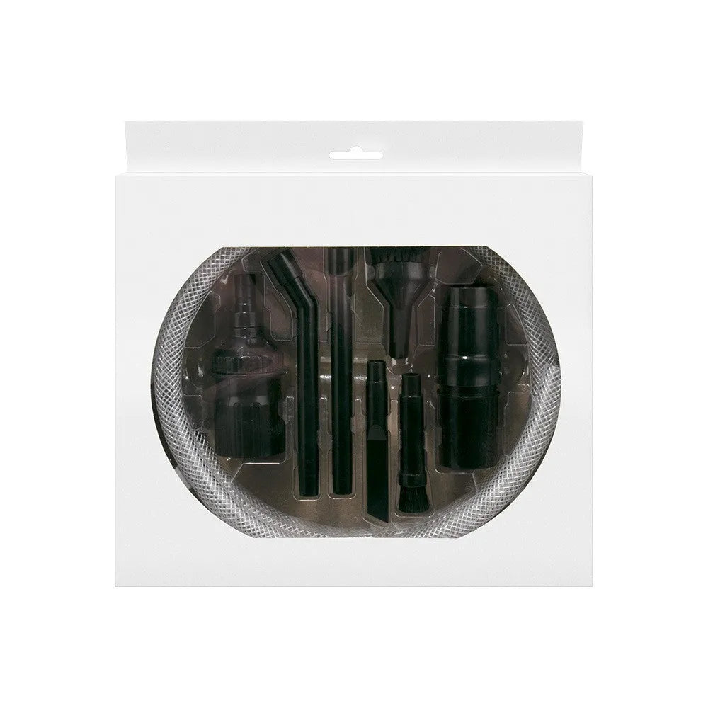Eight-piece vacuum cleaner accessory set with small suction head for confined space cleaning