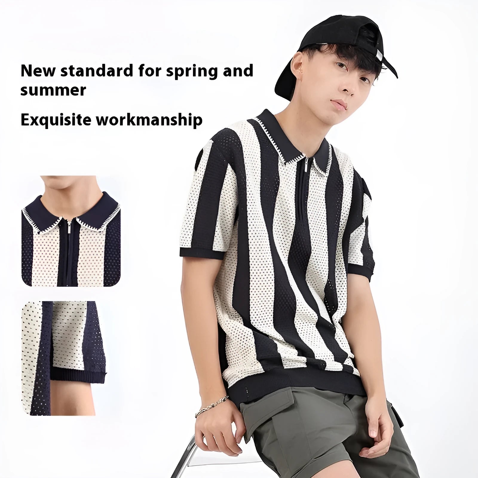 Man wearing a black and white striped short sleeve viscose sweater with a silver zipper decoration on the front.