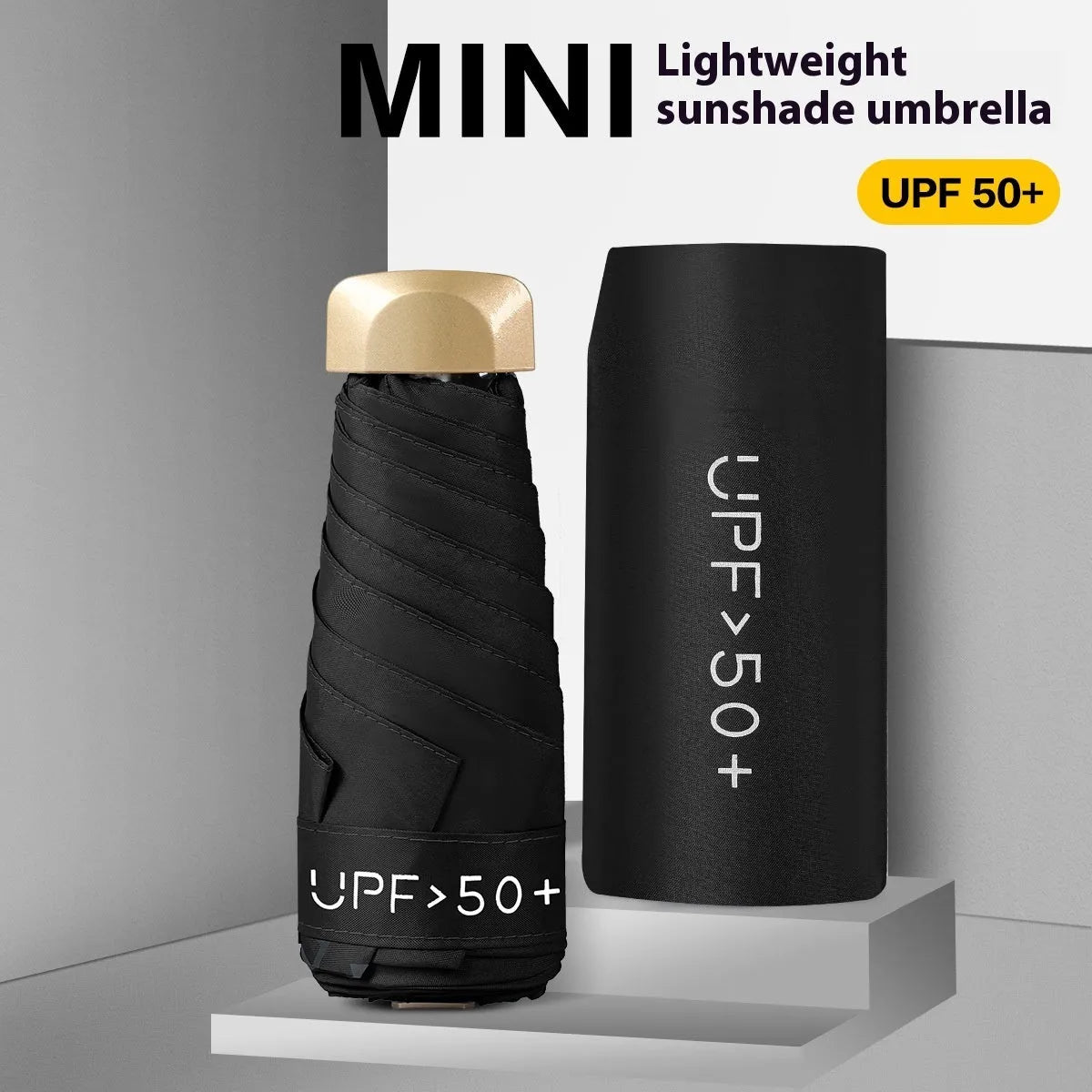 Closed five-fold mini pocket sun umbrella with a rubber handle, shown in a choice of colours.
