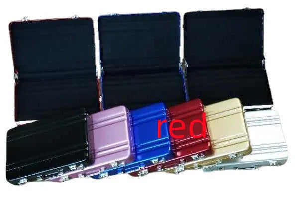 Slim aluminium metal card holder in a choice of six colours showing compact size.