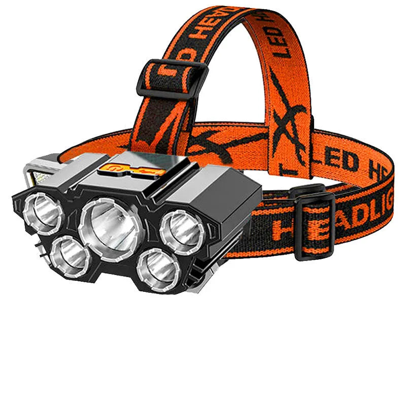 Head-mounted LED miner's lamp with adjustable PVC headband and bright LED light.