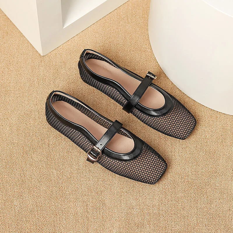 Women's low-heel mesh pump shoe in beige colour with a buckle closure and square toe.