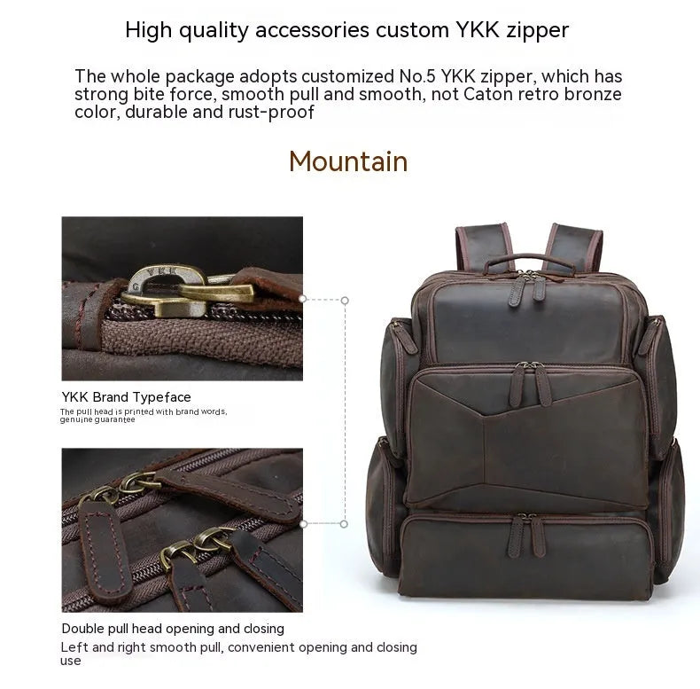 Dark brown retro crazy horse leather backpack for a 17-inch laptop, showing double shoulder straps and external pockets.