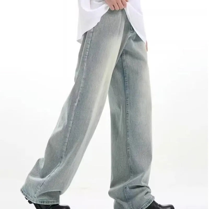 A pair of loose-fitting blue retro trousers made from rabbit fur fabric.