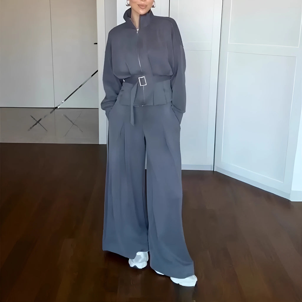 Women's casual polyester suit set with stand collar zipper jacket and pants in dark brown, drop shoulder long sleeves, belt included