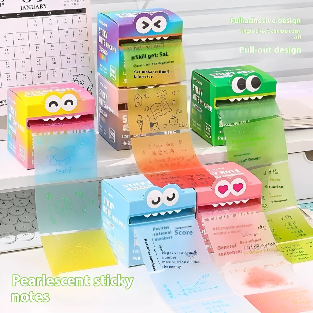 Transparent sticky notes with gradient pearl design in pull-out pad format for student annotation