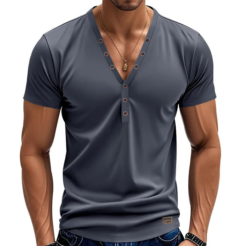 Men's loose fit thin V-neck pullover top in a solid colour with button detail.