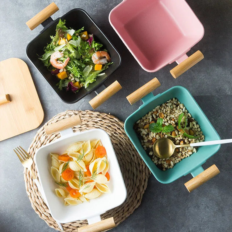Creative irregular shaped porcelain bowl with lid in modern style, shown in available colours.