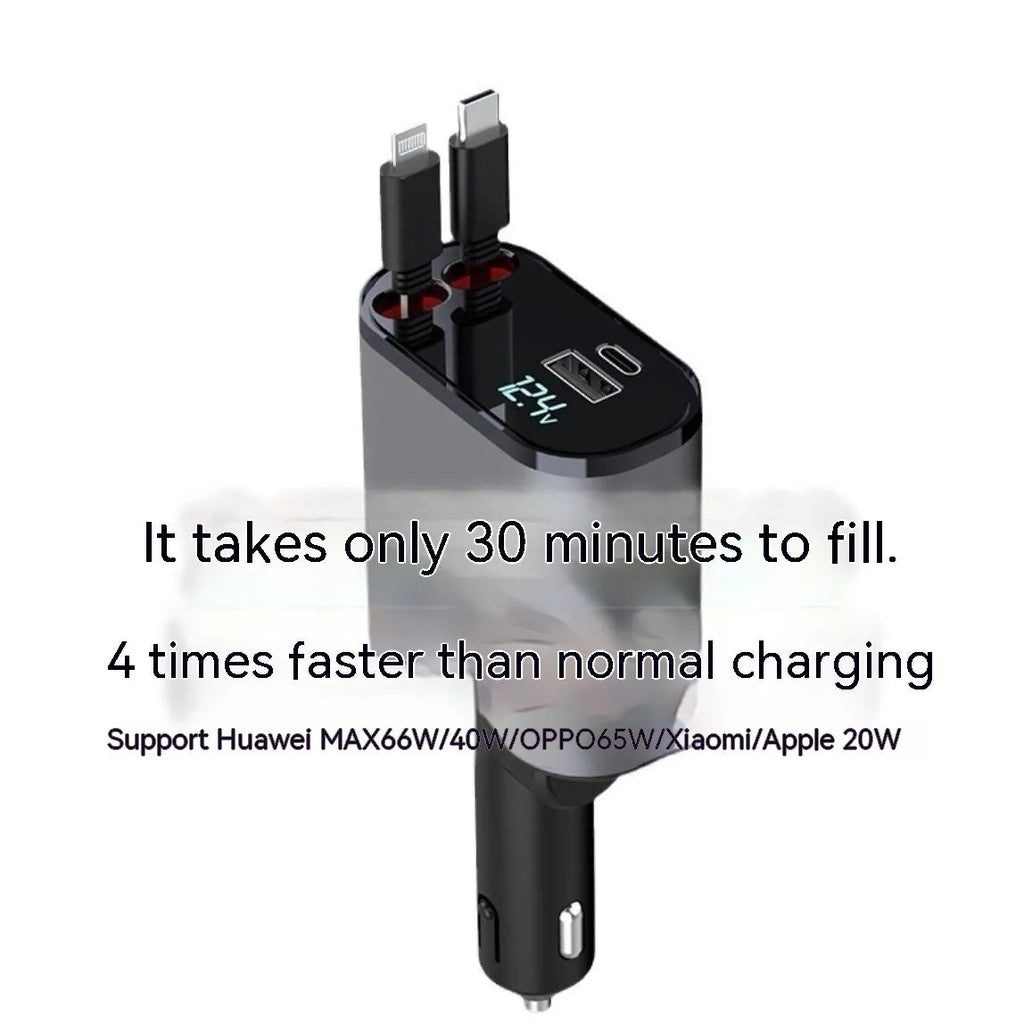120W universal car fast charger with cigarette lighter plug and USB ports for Apple and Huawei phones.