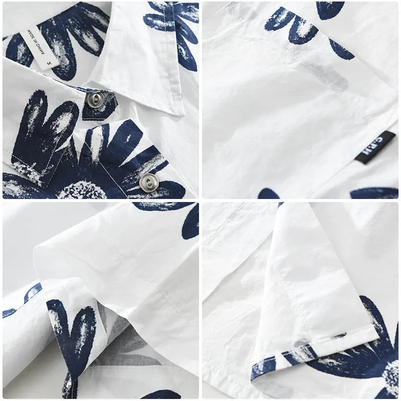 Printed short sleeve shirt in white, loose fit, cardigan style, adult male model