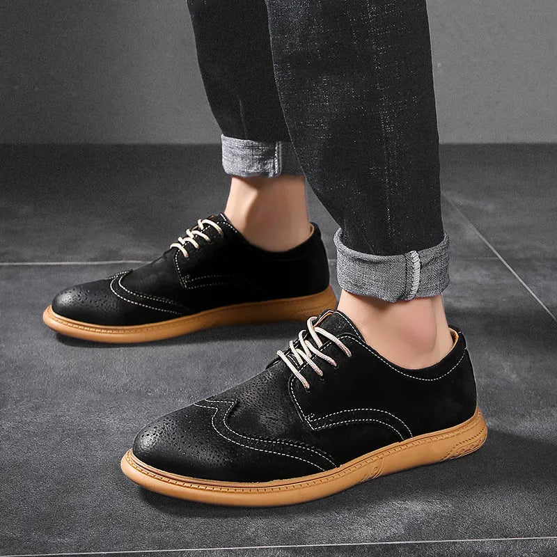 Men's black genuine cowhide leather business lace-up shoes with leather stitching and a rubber sole.