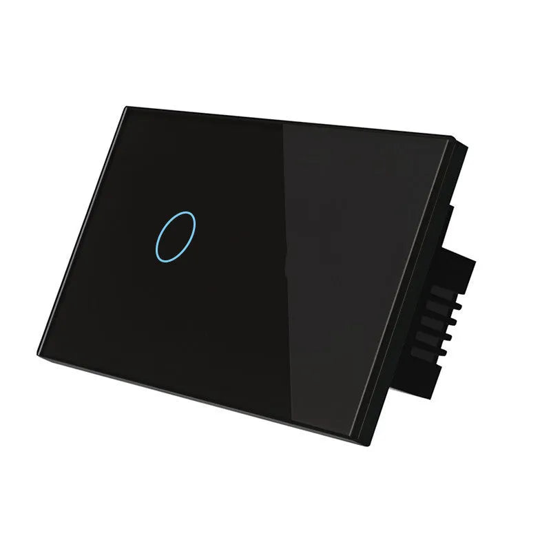 Modern 2-gang tempered glass touch light switch with white finish and blue LED indicator