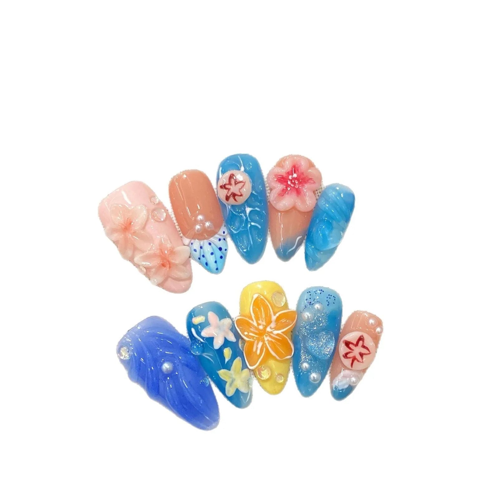 Plastic wearable armour with a carved three-dimensional jellyfish design in almond nail colour.
