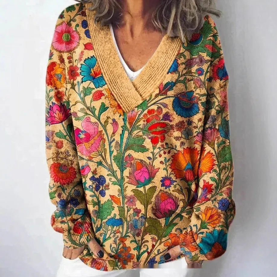 Women's floral printed sweatshirt with 3D pattern effect, V-neck pullover style in wool woven polyester fabric