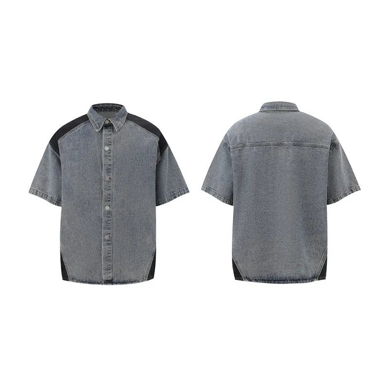 Retro washed denim suit set with short-sleeve jacket and matching trousers in blue colour