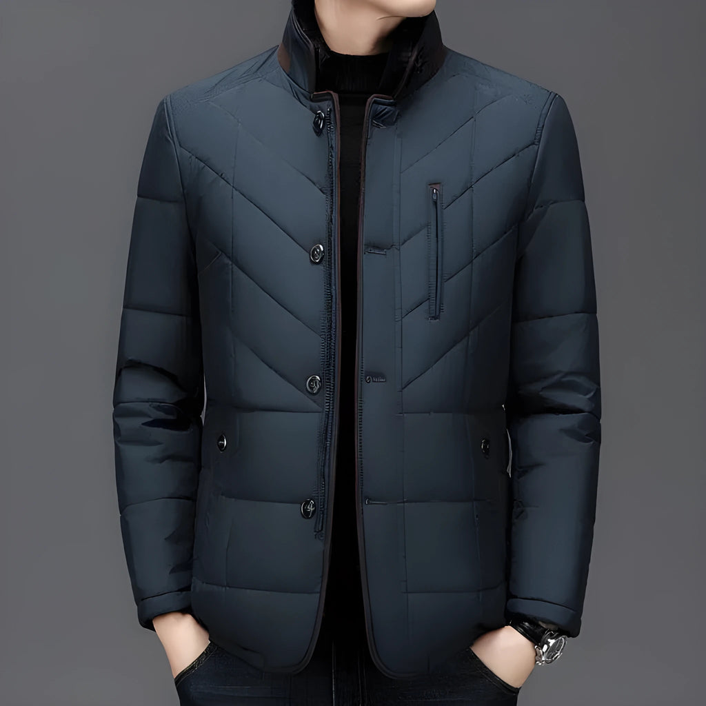 Men's solid colour winter short coat with side pockets, shown in dark blue.
