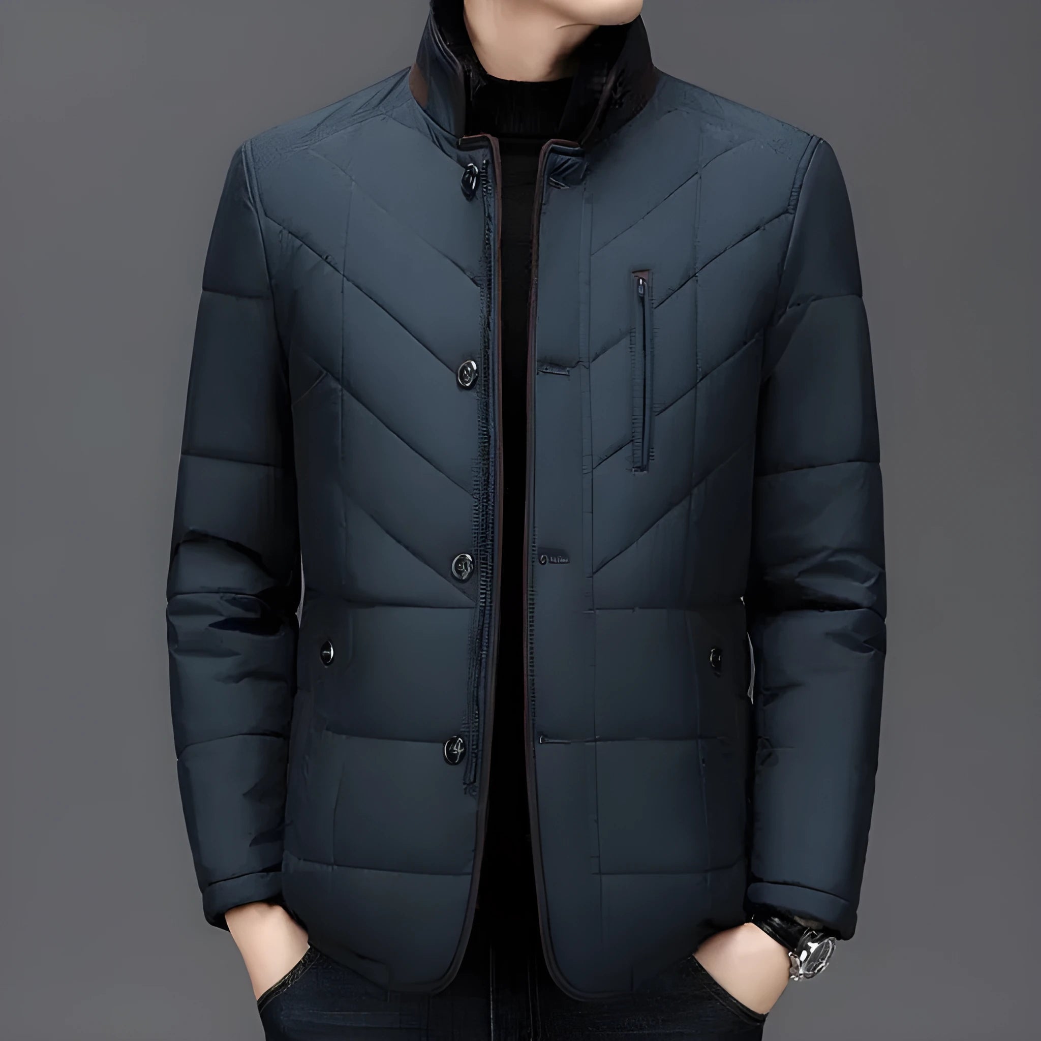 Men's solid colour winter short coat with side pockets, shown in dark blue.