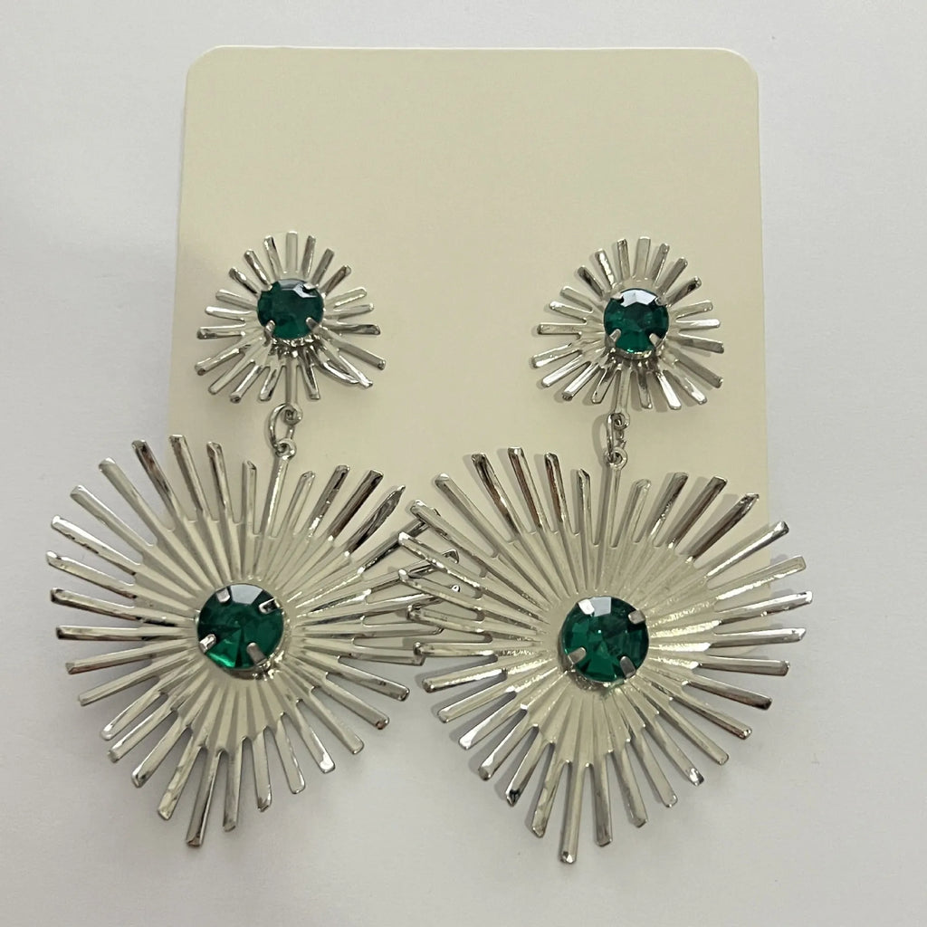Alloy bohemian sunflower heart-shaped earrings with rhinestones in gold finish on white background