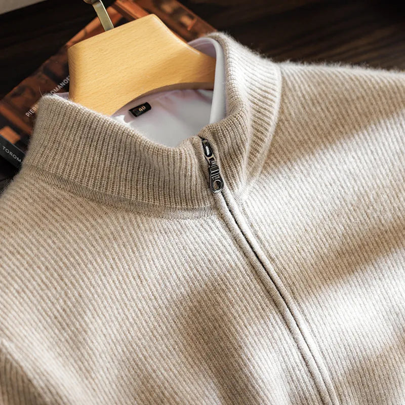 Men's cashmere zip front round neck cardigan sweater in camel colour