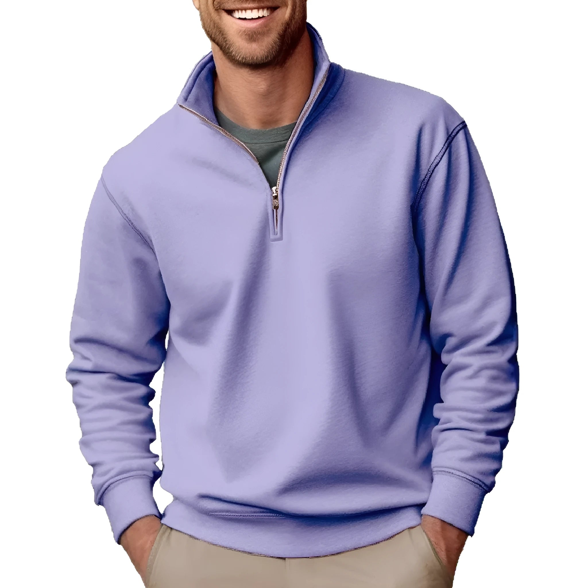 Men's pullover sweater in purple velvet polyester with zipper stand collar, loose fit, long sleeves, and chest patch pocket
