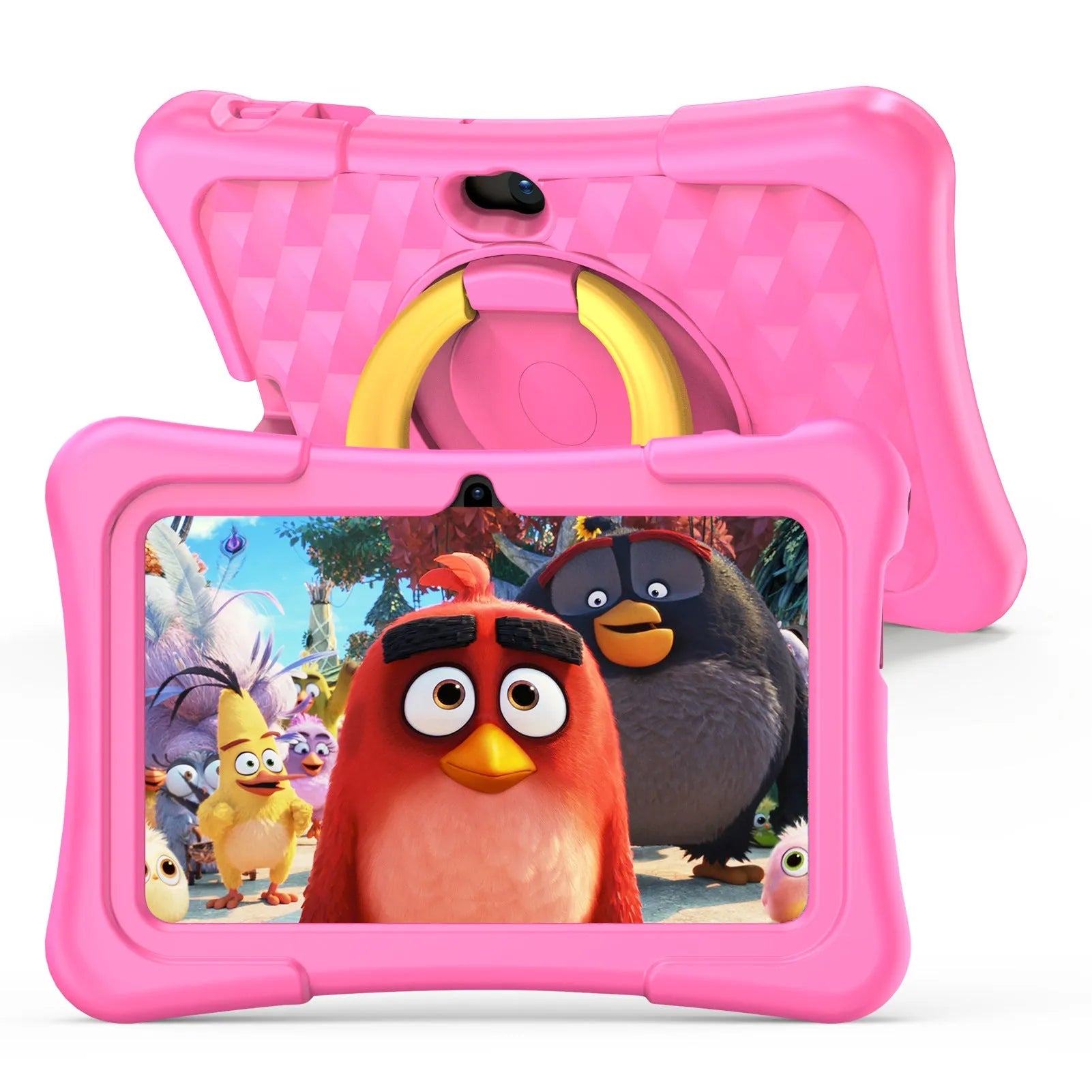 7-inch pink children's educational tablet with silicone protective cover and rotation handle bracket