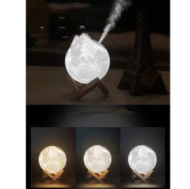 Wood coloured spherical Lunar humidifier night light on a bedside table emitting mist and soft white light.