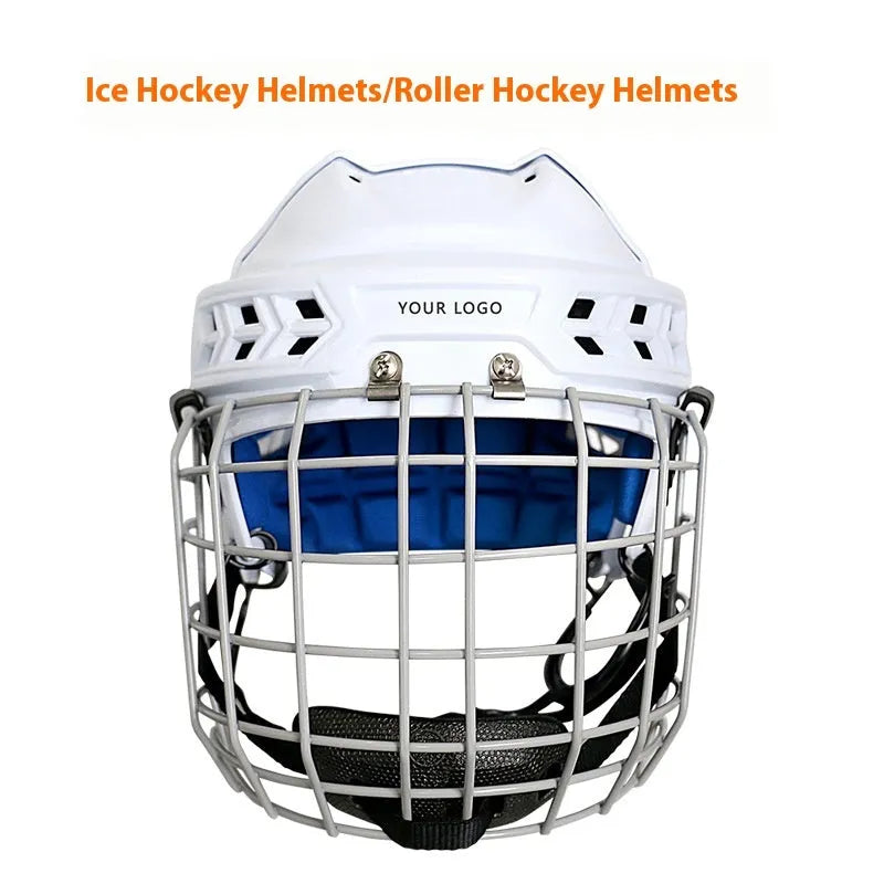 Ice hockey helmet with carbon steel face mask showing impact-resistant construction