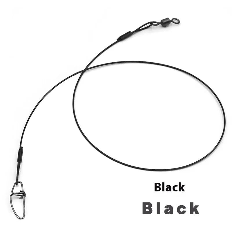 Set of green, black, and red steel wire fishing leaders with buckle pins, each 54cm long.