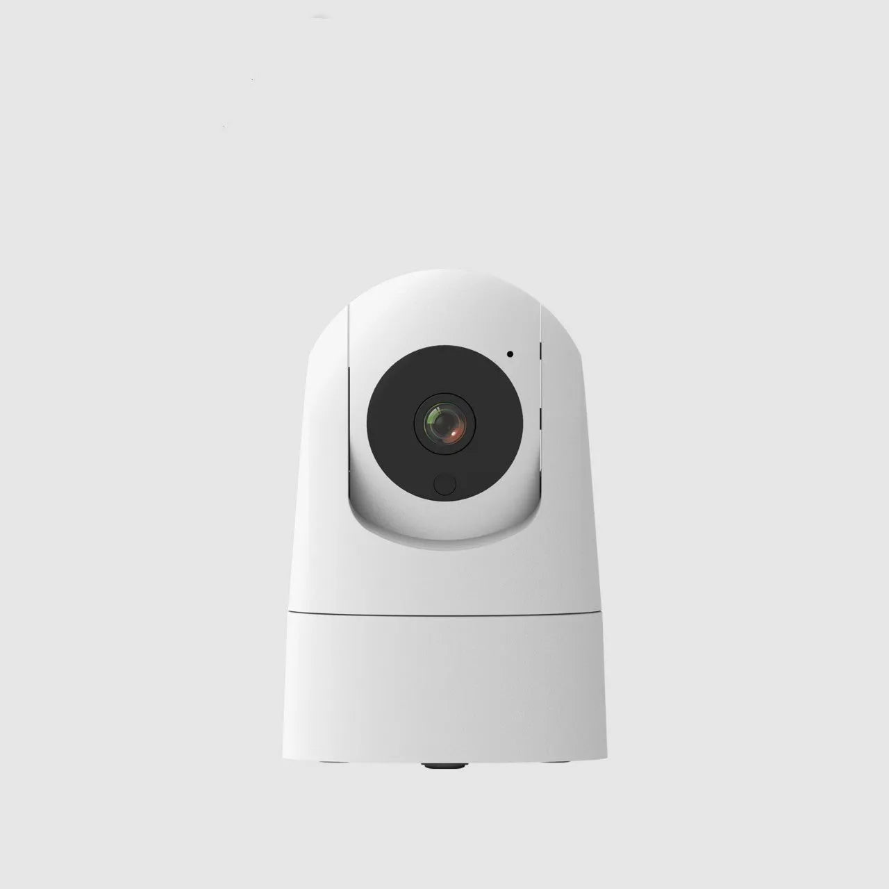White indoor security camera with motorised base for 360° rotation on black mounting bracket