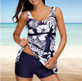 Blue women's printed split bikini swimsuit set with shorts and sleeveless top