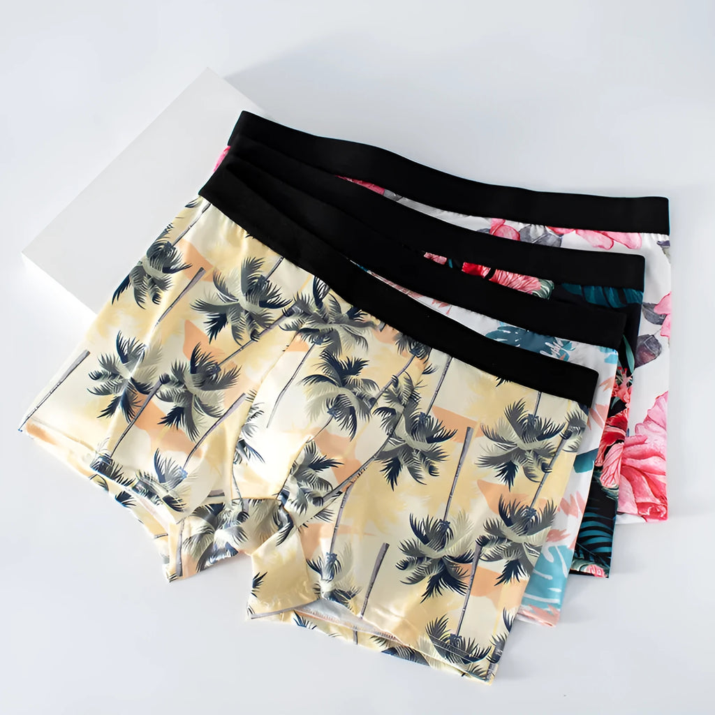 Ice silk men's underwear with printed pattern in polyester fabric showing mid waist design