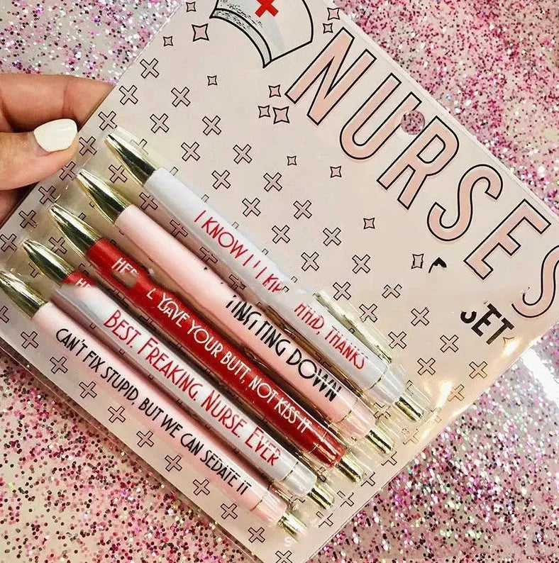 Five nurse-themed ballpoint pens with humorous medical copywriting in plastic retractable design