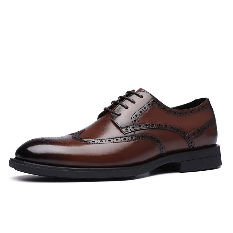Men's black and brown brogue business shoes with classic detailing, shown from the side.