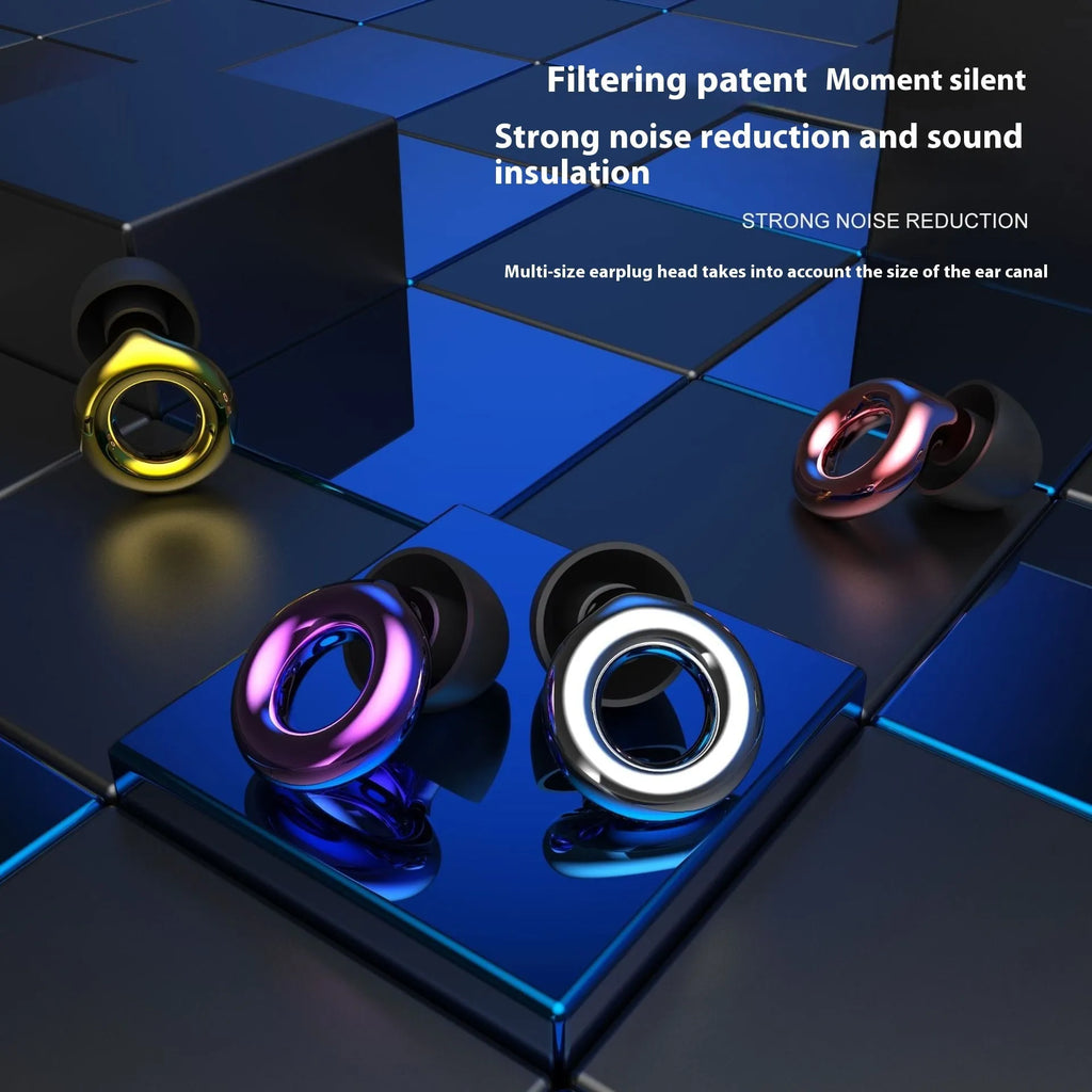 Noise reduction earplugs in five colours with storage box and spare ear caps