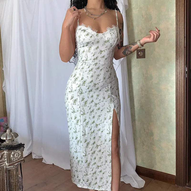 Blue lace flowers print long dress with adjustable cross-back straps and a side slit.