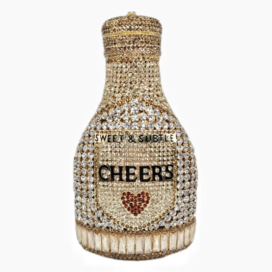 Gold champagne bottle-shaped hard shell evening clutch bag with rhinestone decoration and synthetic leather lining