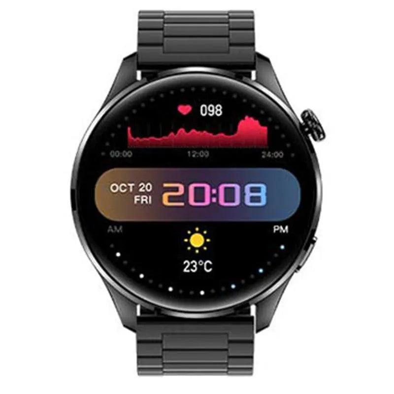 Smart watch with round colour screen showing interface, black zinc alloy case with silicone strap