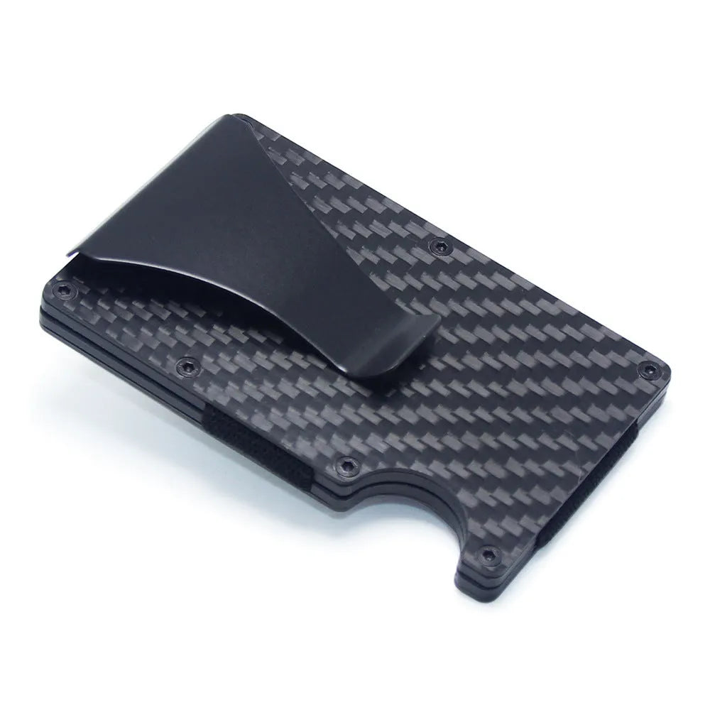 Black geometry-style slim card holder for bank cards and notes on a table